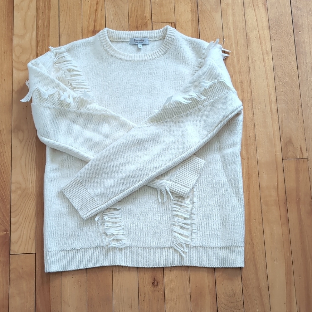 Bartolini Wool Sweater, Cream, Fringe Detail, Made in Italy